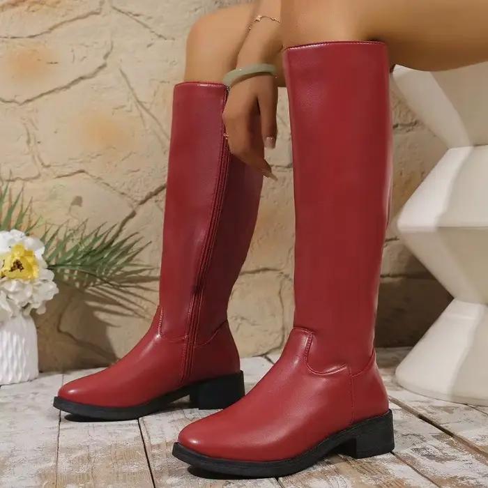 Femmes genou-bottes automne nouveau cuir à talons épais femme longues Botas mode couleur unie côté fermeture éclair