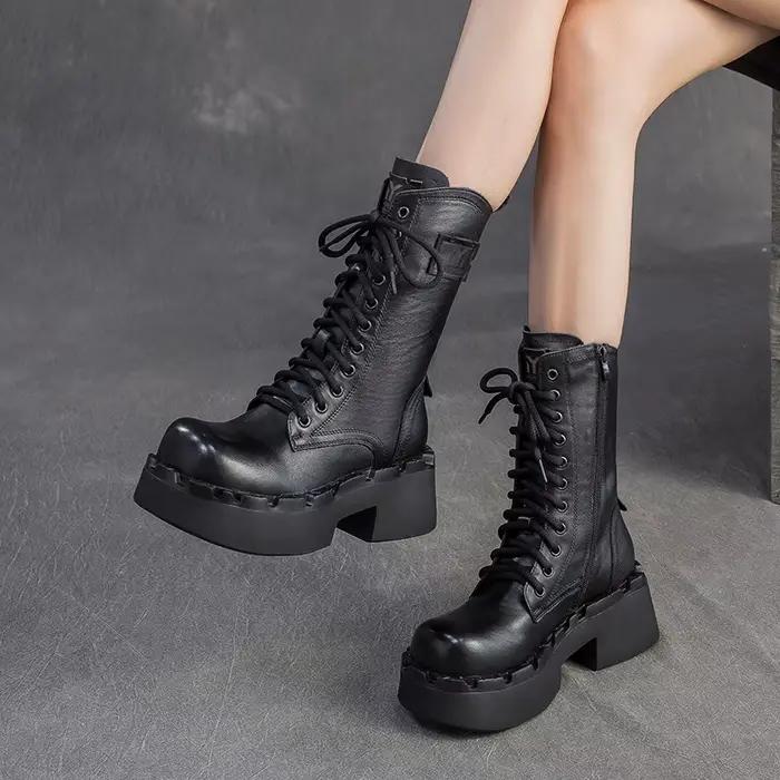 Bottines à talons hauts pour femmes, mi-mollet, hiver, bout large, cuir de vache véritable, talon épais, plateforme, style rétro, bottes chaudes en fourrure.