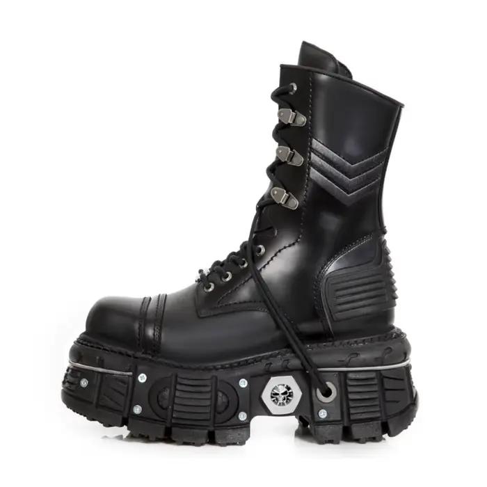 Bottes de rinçage rétro noires pour hommes et femmes, chaussures de chevalier décontractées à lacets, décoration en métal, plate-forme optique, punk, ronde, femme, 45