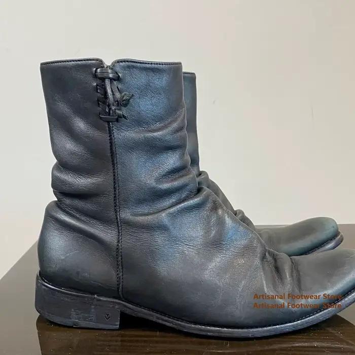 Bottes mi-mollet décontractées en cuir souple froissé style vintage