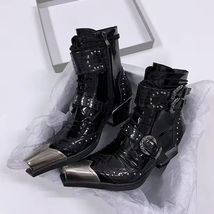 Bottines Western Rétro pour Hommes et Femmes, Bottines Chelsea avec Détails Métalliques, Fermeture Éclair Latérale, Style Punk, Bout Pointu
