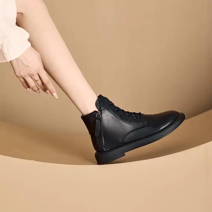 Bottines en cuir marron pour femmes, nouvelle collection 2026, à lacets avec fermeture éclair arrière, semelle plate basse, décontractées et confortables pour l'automne et l'hiver