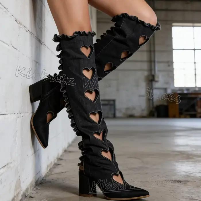 Nouvelles Bottes Sandales Plissées Montantes en Cuir Uni à Talons Carrés et Bout Pointu avec Dentelle Cœur pour Femme – Mode, Luxe, Élégance