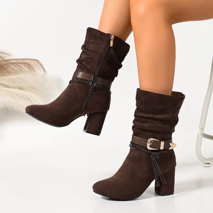 Bottes mi-mollet pour femme en cuir marron foncé avec talons hauts épais