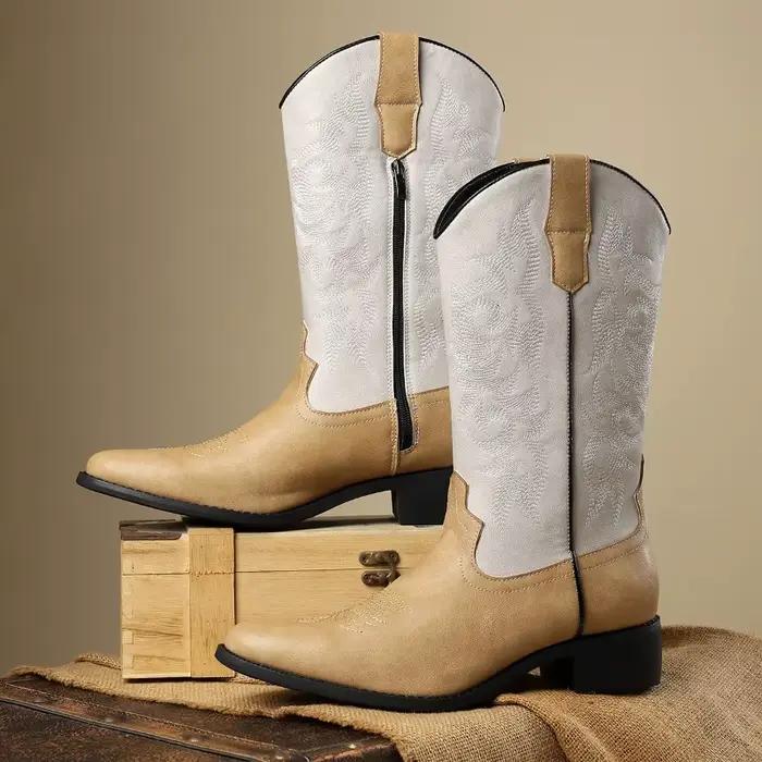 Bottes de Cowboy occidentales pour hommes, bottes pointues mi-mollet, bottes de chevalier rétro brodées pour hommes, bottes de luxe en cuir Botas Hombre