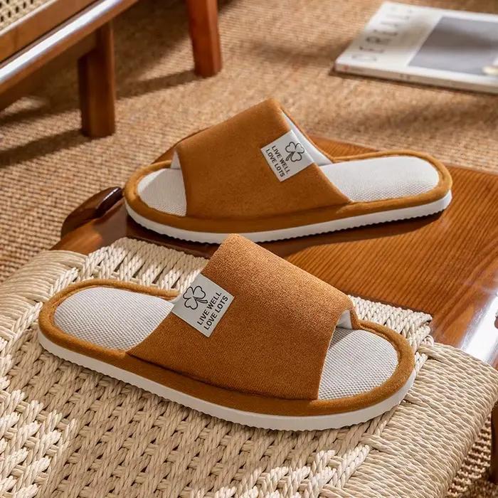 Pantoufles en lin à bout ouvert pour femmes, respirantes, pieds Non pliés, sol en bois, antidérapantes, confortables, fond souple, intérieur