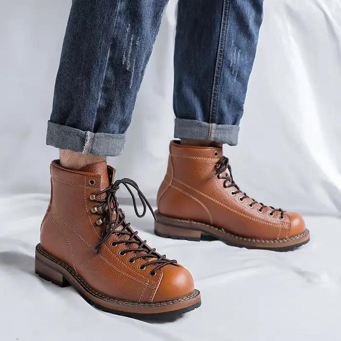 Bottes en cuir véritable pour hommes, chaussures de travail Vintage montantes pour hommes, bottes en cuir de Style britannique, chaussures à plateforme de printemps pour hommes