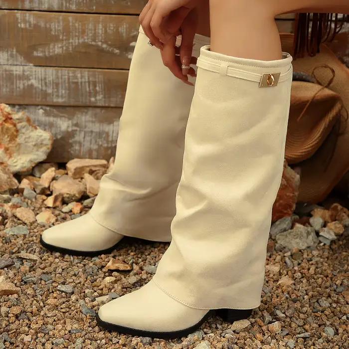 Bottines mi-mollet pour femmes, bout pointu, talon bloc bas, dessus lisse, tige souple, détails en métal, chaussures décontractées et tendance.