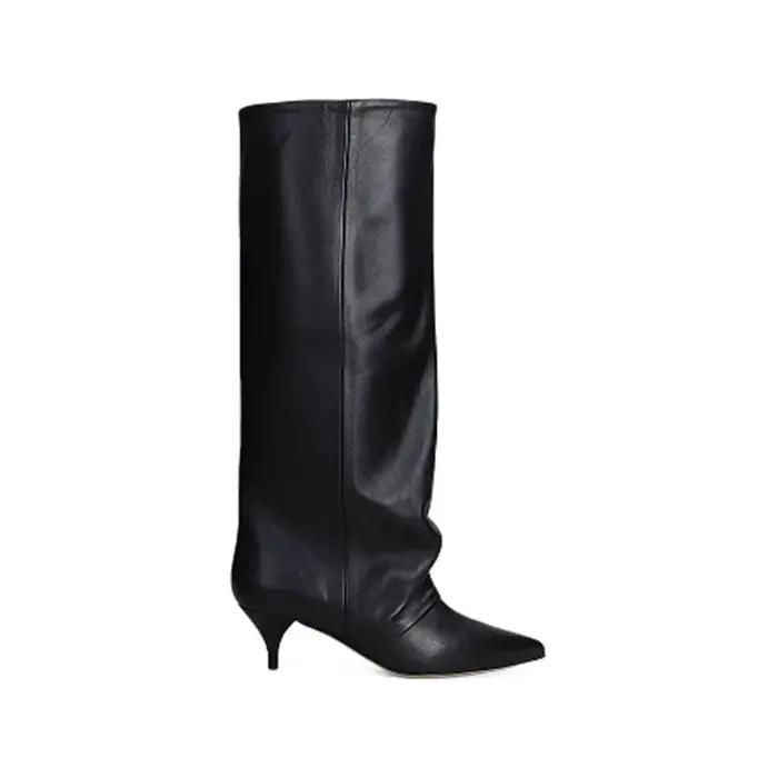 Bottes hautes d'hiver pour femmes, bout pointu, talon kitten, finition brillante, chaussures modernes et chics jusqu'aux genoux pour la saison froide.