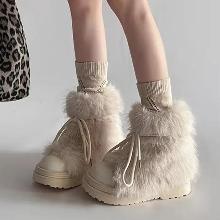 Mn-Bottes de neige d'hiver en fausse fourrure pour femme, bottes de neige astronomiques optiques coordonnantes avec plus velours et grosse tête, bottes en coton
