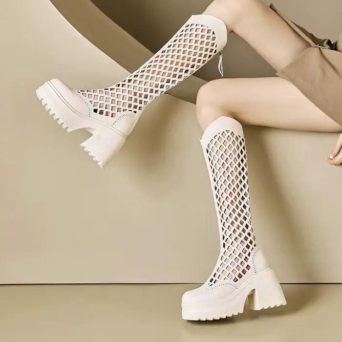 Bottes d'été ajourées pour femmes, Tube Long de 10CM, talons hauts, cuir de vache blanc, rehaussant, amincissant, en maille haute