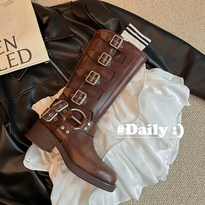 Bottes pour femmes en cuir véritable, hauteur genou, plateforme, tendance punk gothique, nouveau rock, chaussures de mode en cuir pour femmes, chaussures de moto.
