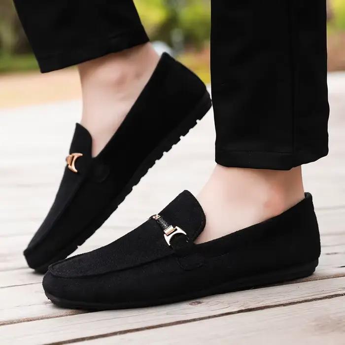 Mocassins en daim bleu pour hommes, chaussures de conduite plates respirantes, mocassins souples à enfiler, chaussures décontractées en cuir faites à la main, printemps et été