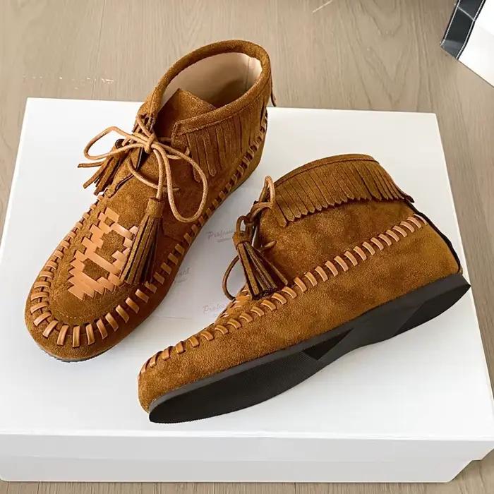 Bottines rétro en daim à lacets et pampilles pour femme, bottes courtes marron à bout rond, plates, antidérapantes, confortables, décontractées, tissées en Nubuck