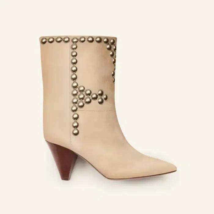 RiSALE-Cuissardes à talons hauts pour femmes, bottes longues cloutées, patchwork de cuir floqué, parka pointue, bottes de piste, noir, beige