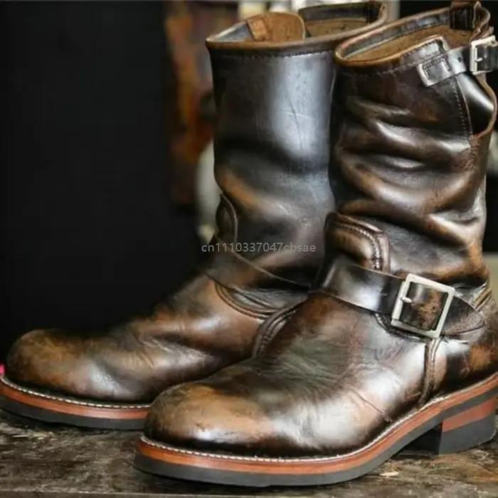 Bottes de cowboy rétro pour homme, style western, médiévales, mi-mollet, en cuir PU, avec boucle, pour la moto, tendance