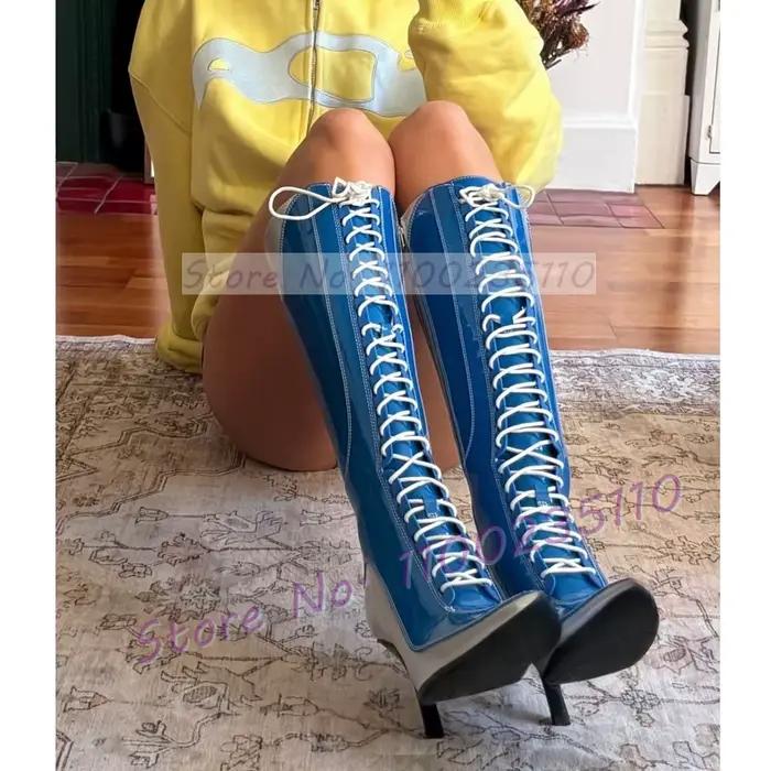 Bottes hautes en cuir verni bleu pour femmes bout pointu talons croisés élégantes pour printemps automne occassions spéciales