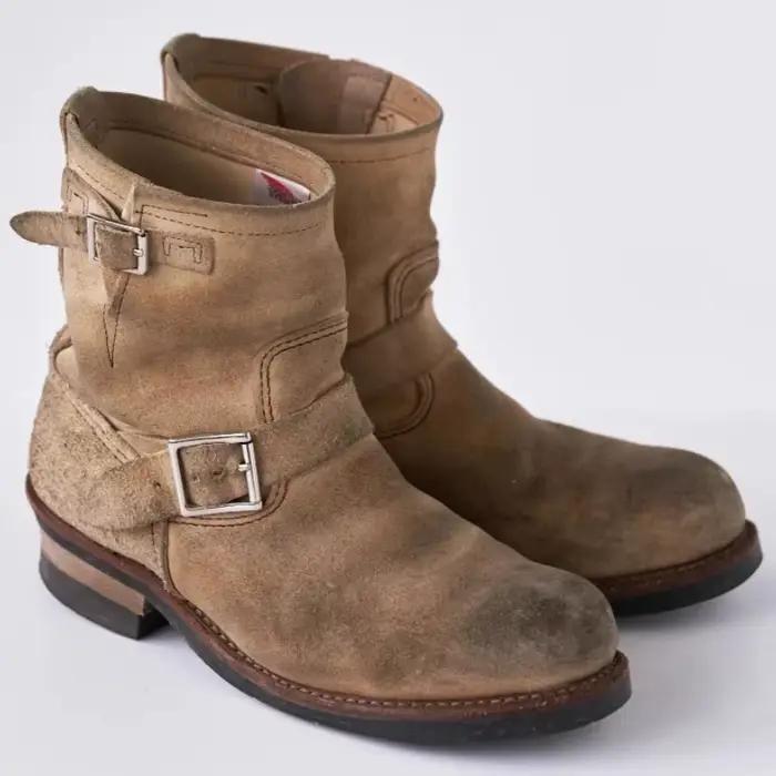 Bottes de travail vintage faites à la main en daim kaki pour hommes et femmes, chaussures d'ingénieur, bottes de moto rétro américaines, bottes mi-mollet délavées