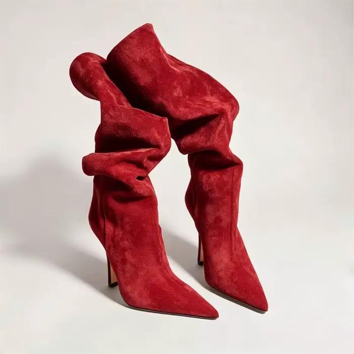 Bottes hautes en daim couleur unie pour femme, à bout pointu, talon aiguille fin, tige large, pour soirée et robe