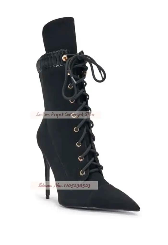 Bottines à talons aiguilles pour femmes, couleur Camel, col marron, Patchwork, bottines courtes à lacets, chaussures de moto à bout pointu