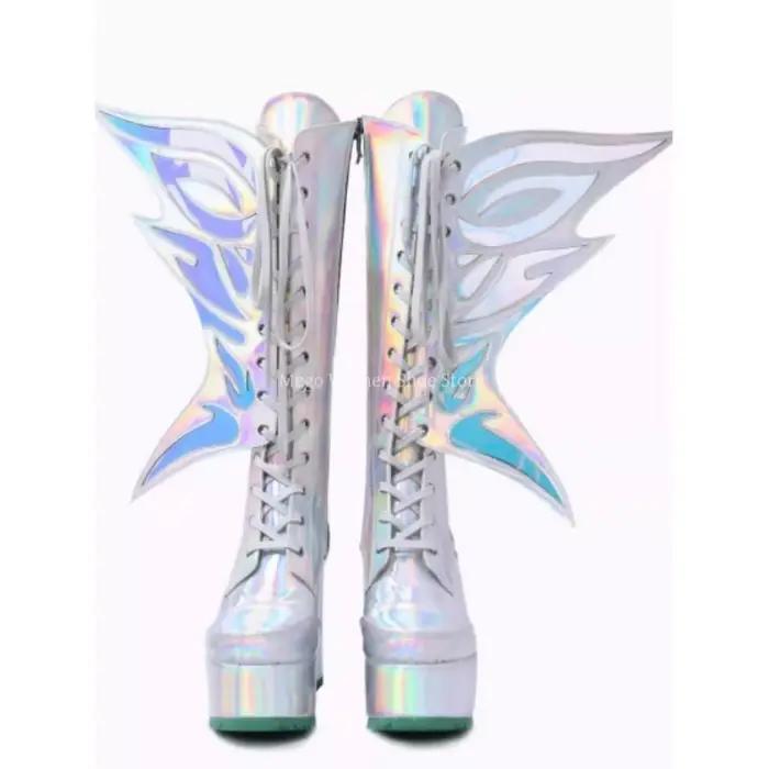 Bottes hautes holographiques à plateforme pour femme, talon épais, lacets, fermeture éclair latérale, bottes longues, chaussures de cosplay et de festival