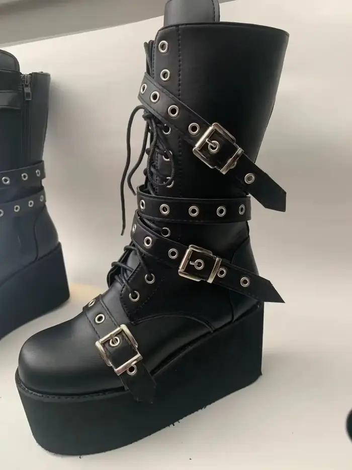 Grande taille 43 automne femmes bottes boucle bout rond compensées plate-forme