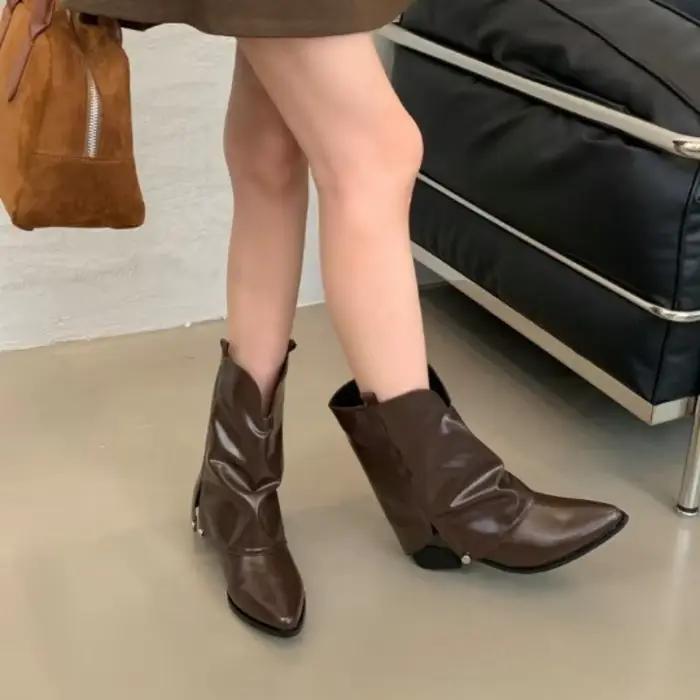 ​ ​ 2025 nouvelles bottes de cowboy occidentales pour femmes-mollet mi-mollet bout pointu talon épais