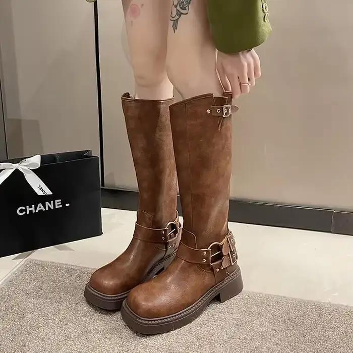 Bottes en Denim Vintage marron bottes à Tube Long Style Maillard femmes été semelle mince bottes de cavalier à Tube haut matériau en caoutchouc