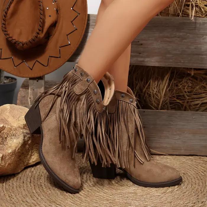 Femmes Cowboy bottes gland talons épais bout pointu chaussures