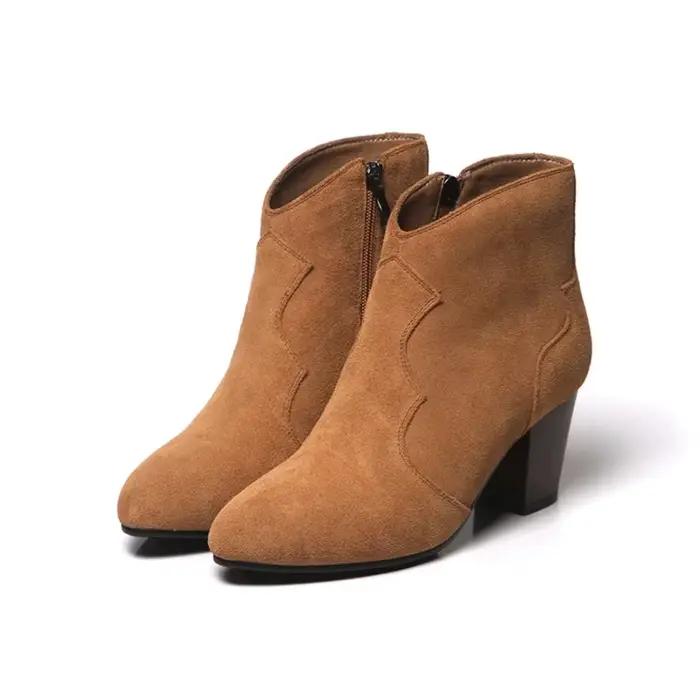 Bottes de cheville pour femmes en faux daim bout pointu talons carrés fermées par fermeture éclair pour style rétro hiver grandes tailles confort bureau fête
