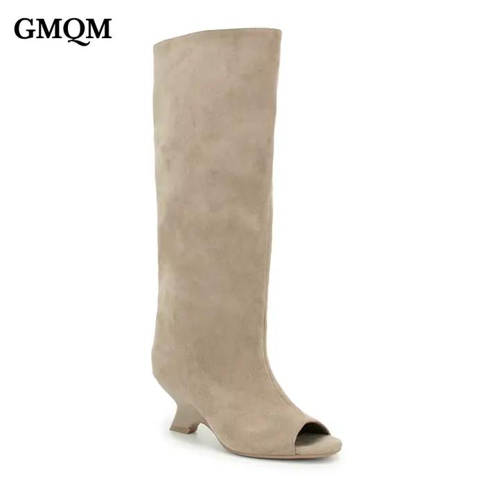 Bottes haut du genou en flanelle beige pour femmes, talon compensé, confortable et élégant pour l'automne-hiver et toutes occasions