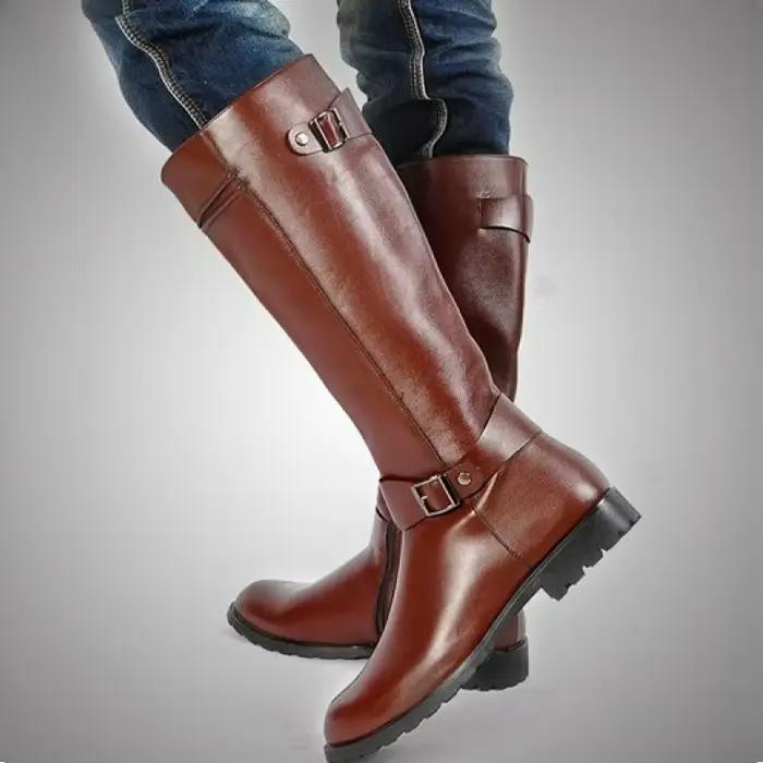 Bottes pour hommes Bottes en cuir souple 2025 Bottes de moto zippées de créateur Punk Talons carrés Botte longue Chaussures pour hommes à bout pointu de haute qualité