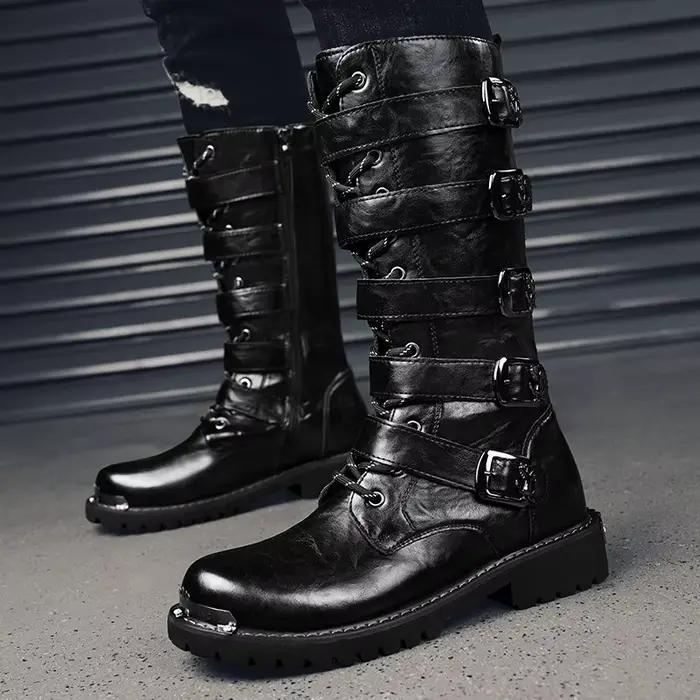 Bottes de moto hautes au genou pour hommes, légères, confortables, chaudes, tendance, noires, automne, hiver, mode