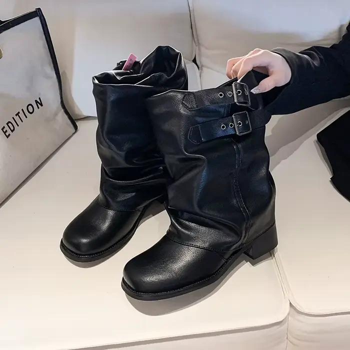 Style Punk femmes Chelsea bottes mode ceinture boucle chaussures automne hiver talon épais dames chevalier chaussons courts
