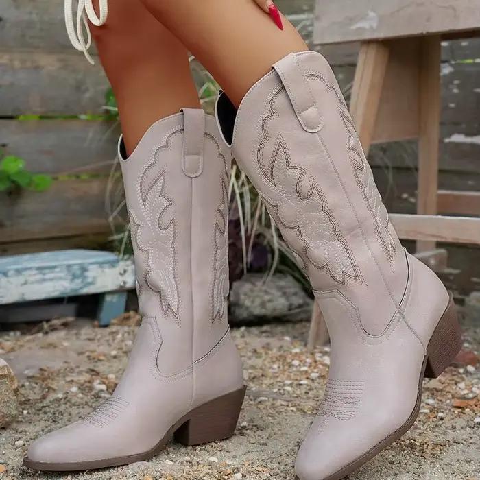 Bottes de cow-boy pour femmes, bottes de combat vintage, à talon bloc épais, bout pointu, talon haut, hauteur genou, style cowgirl