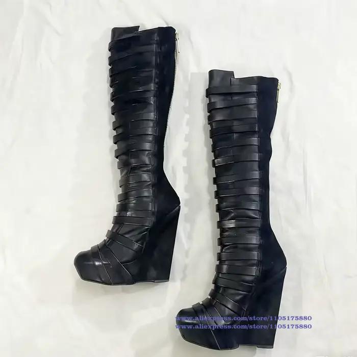 Multi sangles plate-forme compensée genou bottes hautes fermeture éclair arrière
