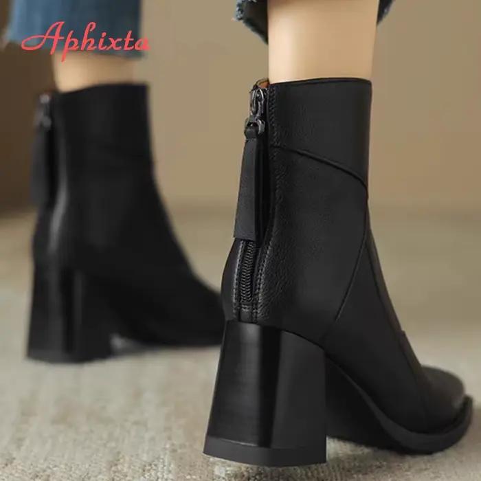 Aphixta luxe en cuir femmes bottines dos fermeture éclair fermer bottes modernes talons hauts chaussures femme bateaux botines para mujeres