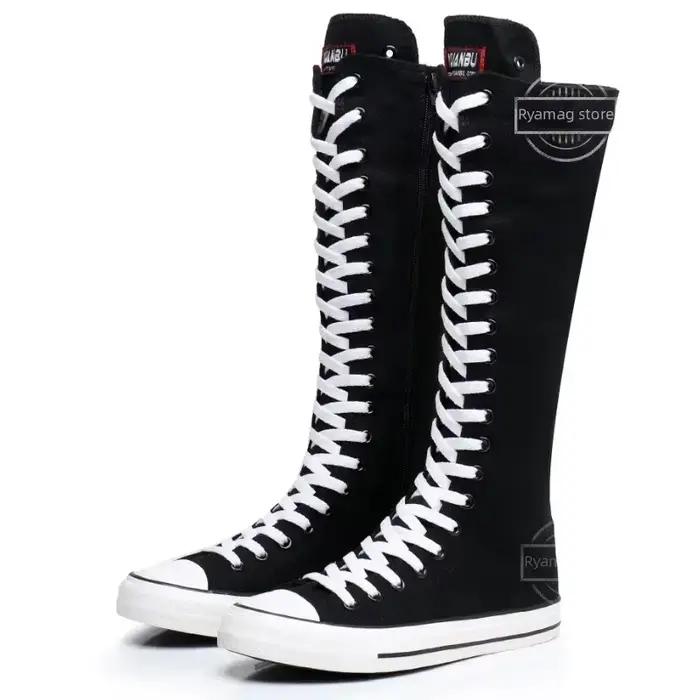 Bottes femmes baskets toile décontracté chaussures hautes botte longue à lacets fermeture éclair confortable