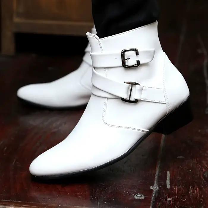 Bottes Chelsea en cuir pour hommes, bottes habillées blanches de styliste, décontractées, montantes, avec sangle à boucle, chaussures formelles, bottes de moto, 2024