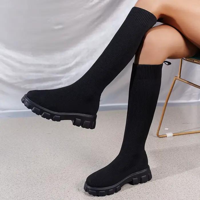 Sexy rose fond épais tricot chaussettes bottes femmes 2025 automne grosse plate-forme genou