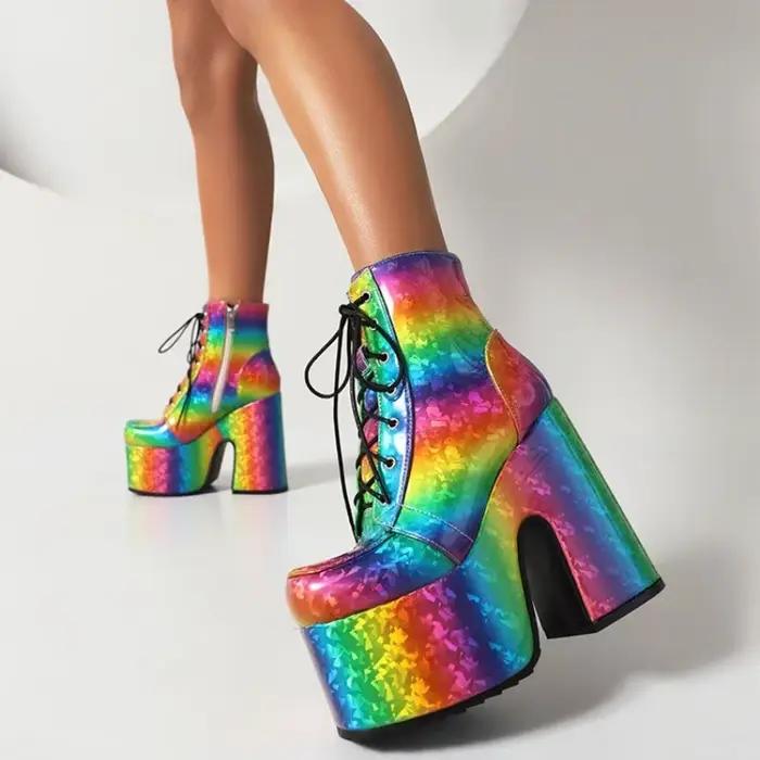 Bottes arc-en-ciel à plateforme à lacets pour femmes