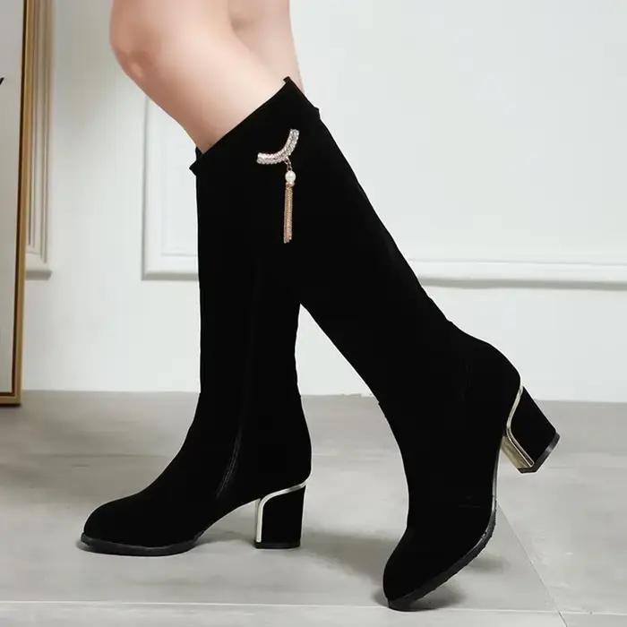 Automne hiver genou bottes hautes femmes noir rouge troupeau femmes bottes hautes de luxe talons bas décontractés mode longue chaussures de fête femme
