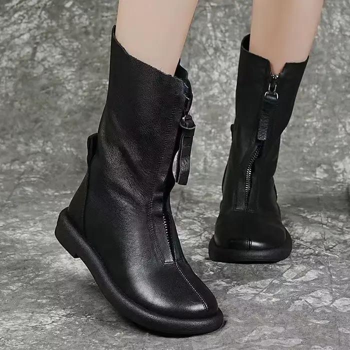 Femmes mi-mollet bottes mode peluche chaud chaussures d'hiver de haute qualité en cuir souple bottes décontractées pour femme chaussures de créateur Botas Mujer