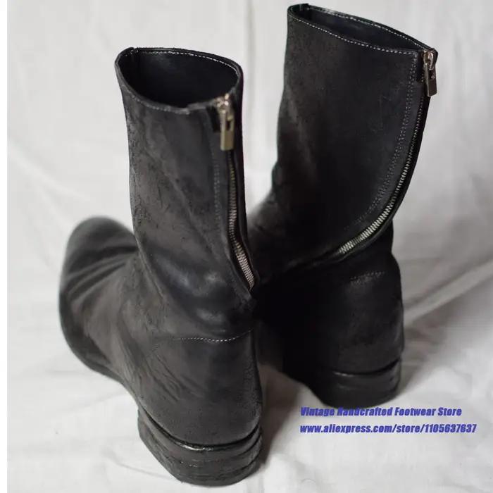 Bottes mi-mollet en cuir noir vintage pour hommes, fermeture éclair latérale, talon plat bas, bottines de créateur faites à la main, chaussures tendance pour hommes