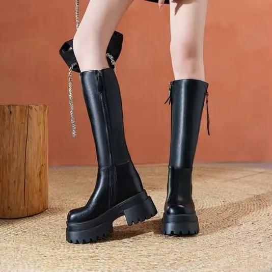 Fujin 10 cm femmes bottes hautes en cuir véritable plate-forme bottes talon épais mode équitation hiver tenue décontractée Streetwear