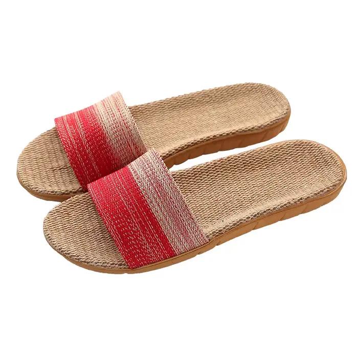 Pantoufles en lin pour femmes, chaussures d'été pour amoureux d'intérieur, antidérapantes, chaussures de sol épaisses pour hommes, sandales d'été en coton et lin