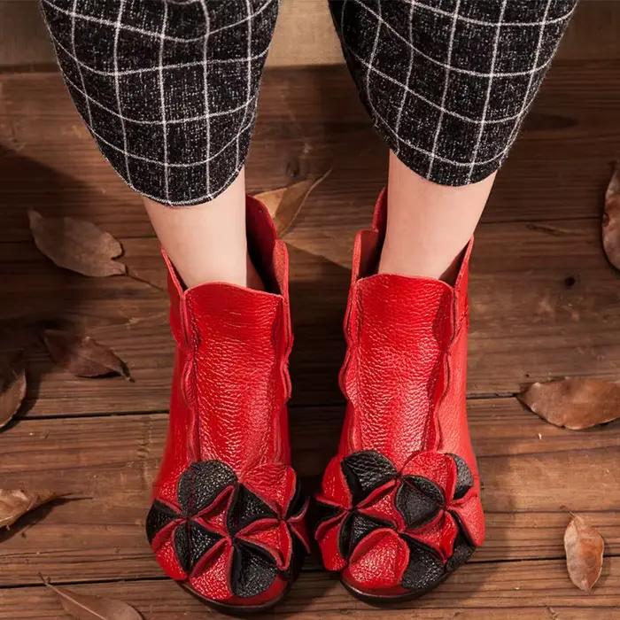 Chaussures en cuir véritable fabriquées à la main pour femmes, bottes Vintage à talons épais avec fermeture éclair au dos, bottes courtes florales à la mode, chaussures de Cosplay 2025
