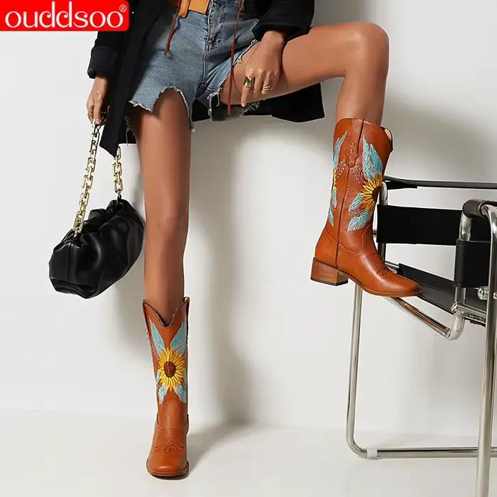 Ods-Bottes pointues brodées de tournesol pour femmes, Parker, sans lacet, mi-mollet, marron foncé, grande taille, 41, 42, 43, 45, 46, automne, hiver, nouveau, 2024