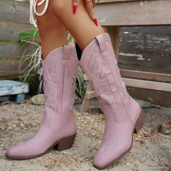 Bottes de cow-boy pour femmes, bottes de combat vintage, à talon épais et bloc, bout pointu, talon haut, hauteur genou, style cowgirl