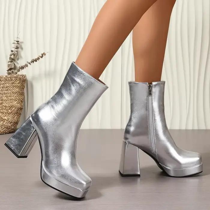 Bottines en cuir verni PU rouge or pour femmes
